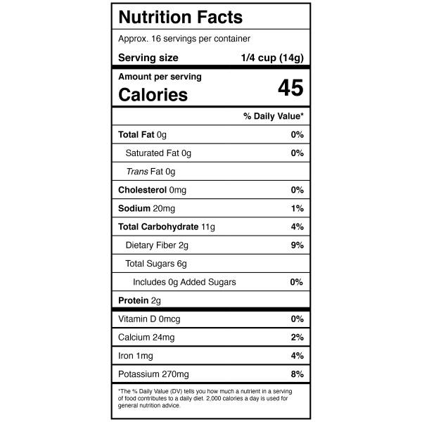 A nutrition label showing the nutrition facts of Harmony House Dried Tomato Dices (8 oz) - (SHIPS IN 1-2 WEEKS).