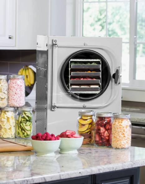 A food dehydrator displayed on a homepage, surrounded by jars of fruits and vegetables.