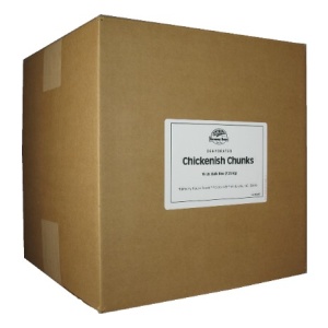 A box of emergency food storage chicken chucks on a white background.