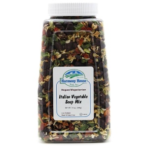 A jar of vegetable soup mix on a white background, Harmony House Italian Vegetable Soup Mix.