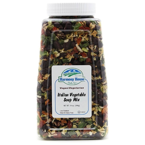 A jar of vegetable soup mix on a white background, Harmony House Italian Vegetable Soup Mix.