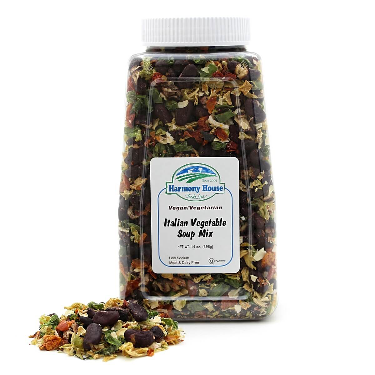 A jar of vegetable body mix - Harmony House Italian Vegetable Soup Mix - on a white background.