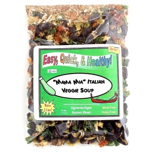 A bag of mixed vegetables and herbs on a white background, featuring Harmony House Mama Mia Italian Vegetable Soup.