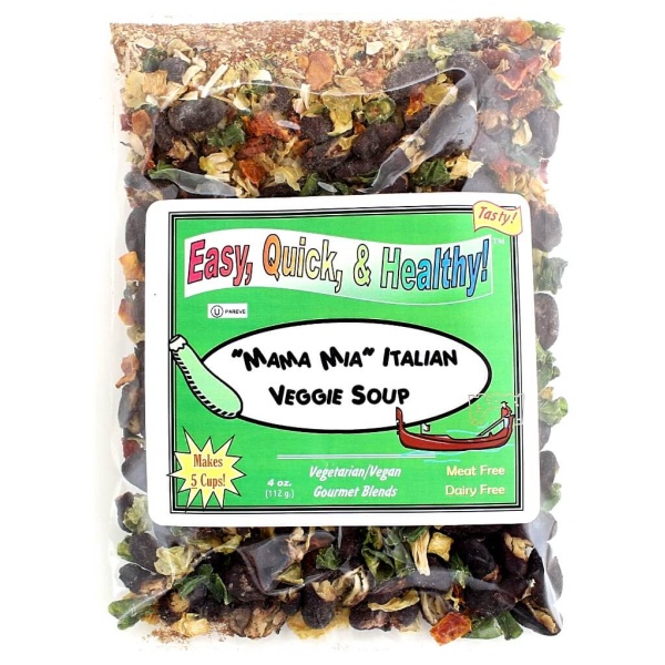 A bag of mixed vegetables and herbs on a white background, featuring Harmony House Mama Mia Italian Vegetable Soup.