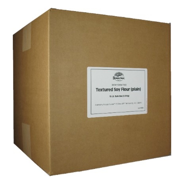 A cardboard box with a label on it that says Harmony House Textured Soy Protein (Unflavored) (15 lbs).