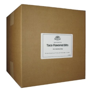 A box of Harmony House Taco Flavored Bits on a white background.