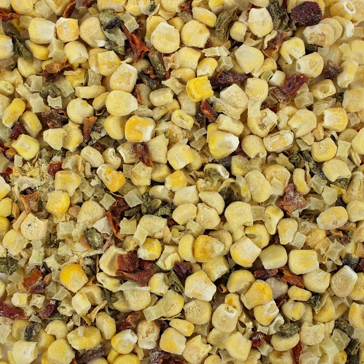 A close up of dried corn in the Harmony House Value Soup Variety Pack.