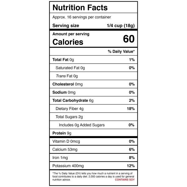 A nutrition label for a protein shake with Harmony House Beef Style Pieces.