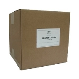 A brown box with a label on it containing Harmony House Beef Style Chunks.