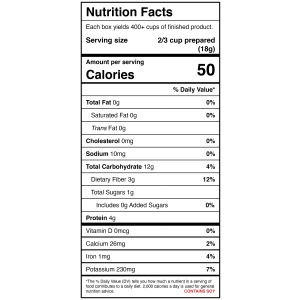 A nutrition label showing the nutritional facts of Harmony House Black Bean Chili Mix - Plain.