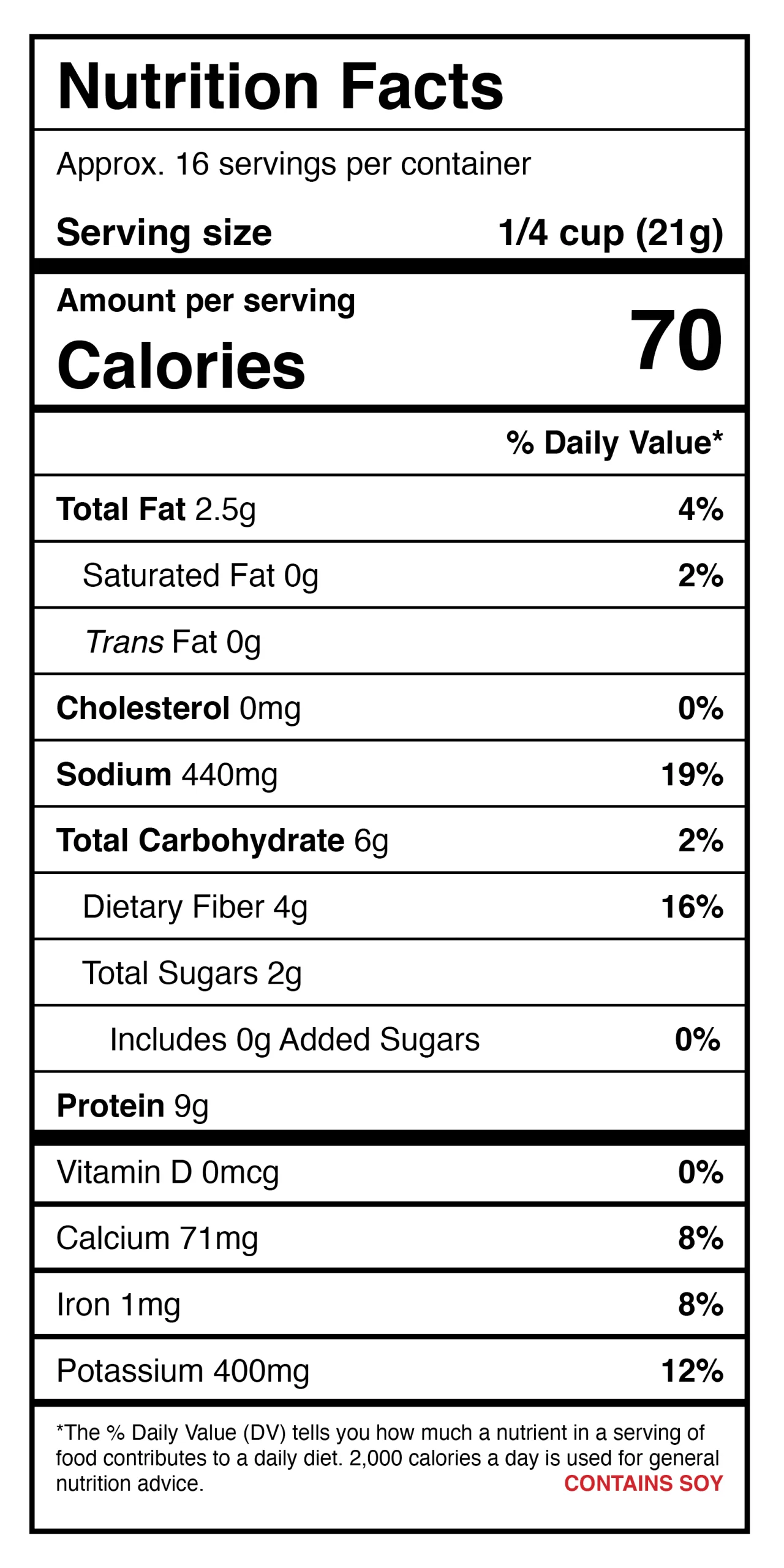 A protein shake nutrition label.