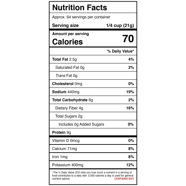 A nutrition label for Harmony House Chicken Flavored Bits.