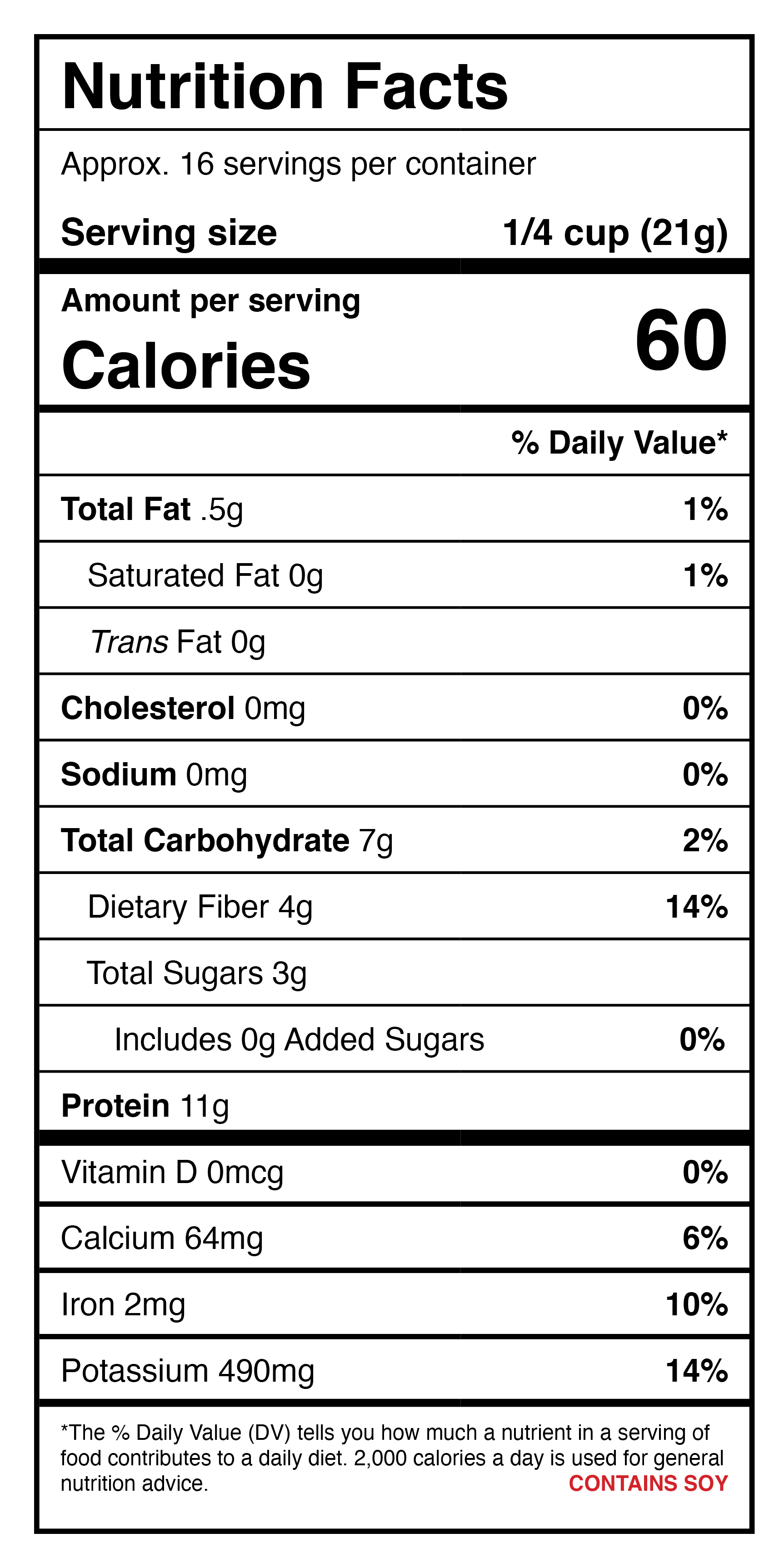 A nutrition label for a protein shake with Harmony House Chicken Style Chunks.