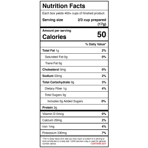 A nutrition label showing the nutritional facts of Harmony House Chickenish Soup Mix.