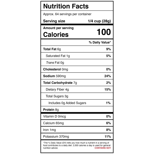 A nutrition label for Harmony House Chorizo Flavored Crumbles.