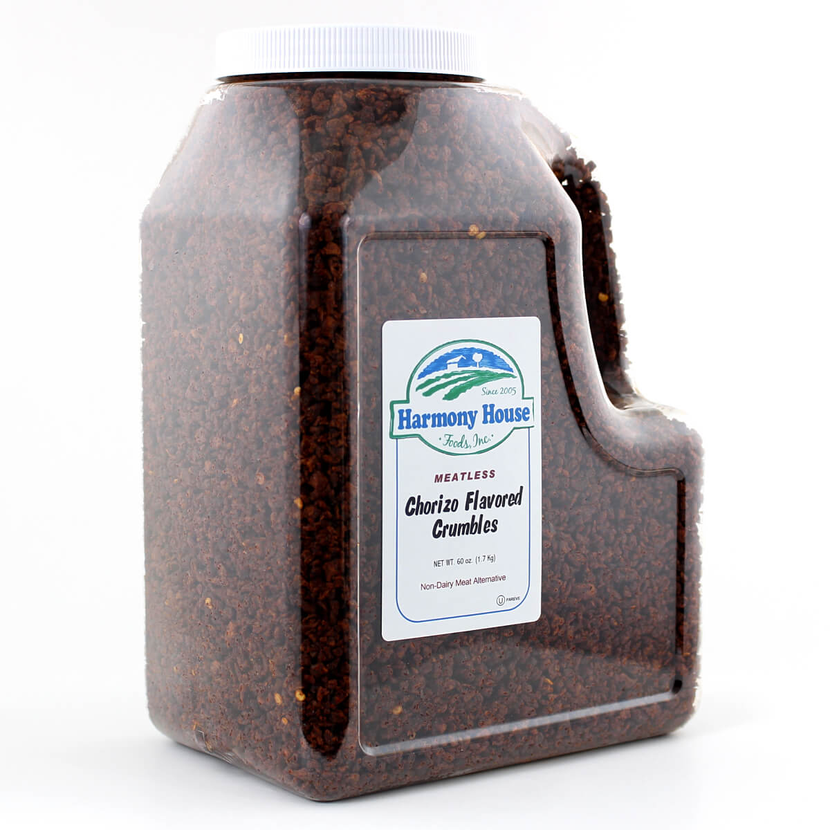 A jug of coffee granules on a white background with Harmony House Chorizo Flavored Crumbles.