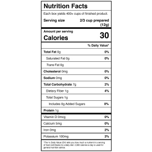 A nutrition label showing the nutrition facts of Harmony House Corn Chowder Mix - Plain (14 lb. Bulk Box) - (SHIPS IN 1-2 WEEKS).