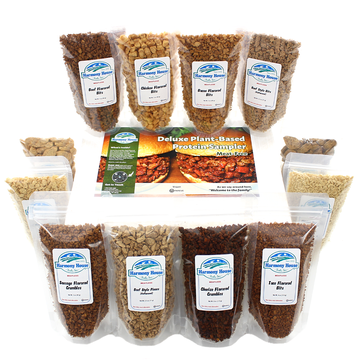 A variety of different kinds of snacks are shown on a white background, featuring the Harmony House Deluxe Plant-Based Protein Sampler.