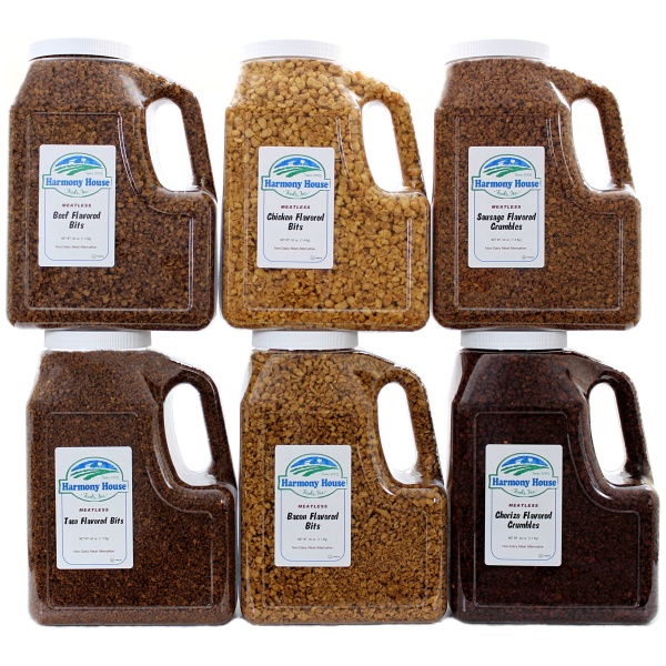 Harmony House Flavored Plant-Based Protein Family Pack (6 Varieties, Gallon Size) - (SHIPS IN 1-2 WEEKS) contains a variety of beans in jugs.