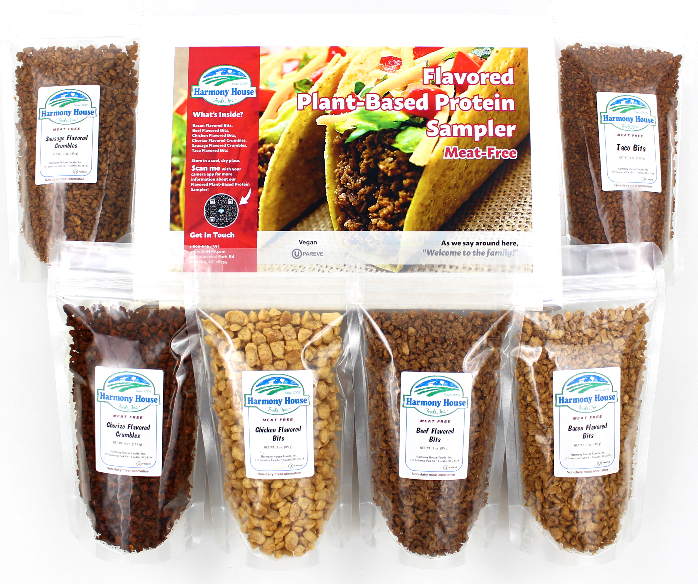 A bag of plant-based protein samplers.
