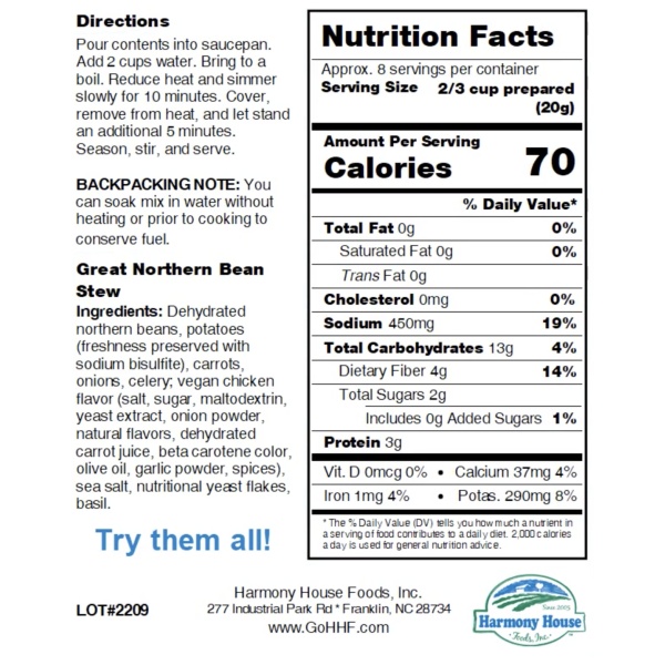 A nutrition label for Harmony House Great Northern Bean Stew.