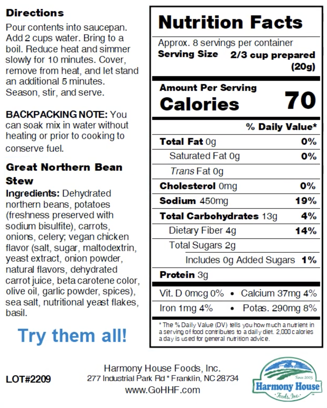 A nutrition label for Harmony House Great Northern Bean Stew.