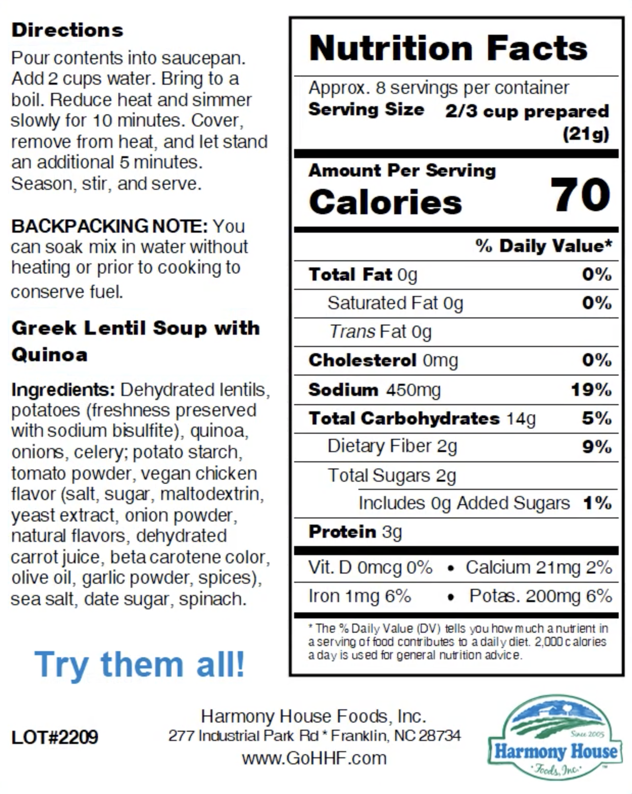 A nutrition label for a Greek soup - Harmony House Greek Lentil Soup with Quinoa.