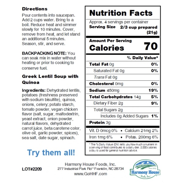 A nutrition label for a Harmony House Greek Lentil Soup with Quinoa.