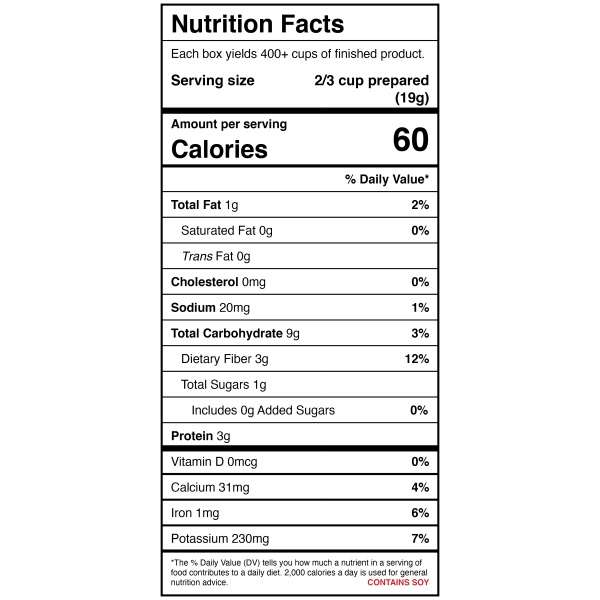 A nutrition label showing the nutrition facts of a Harmony House Navy Bean Soup Mix.