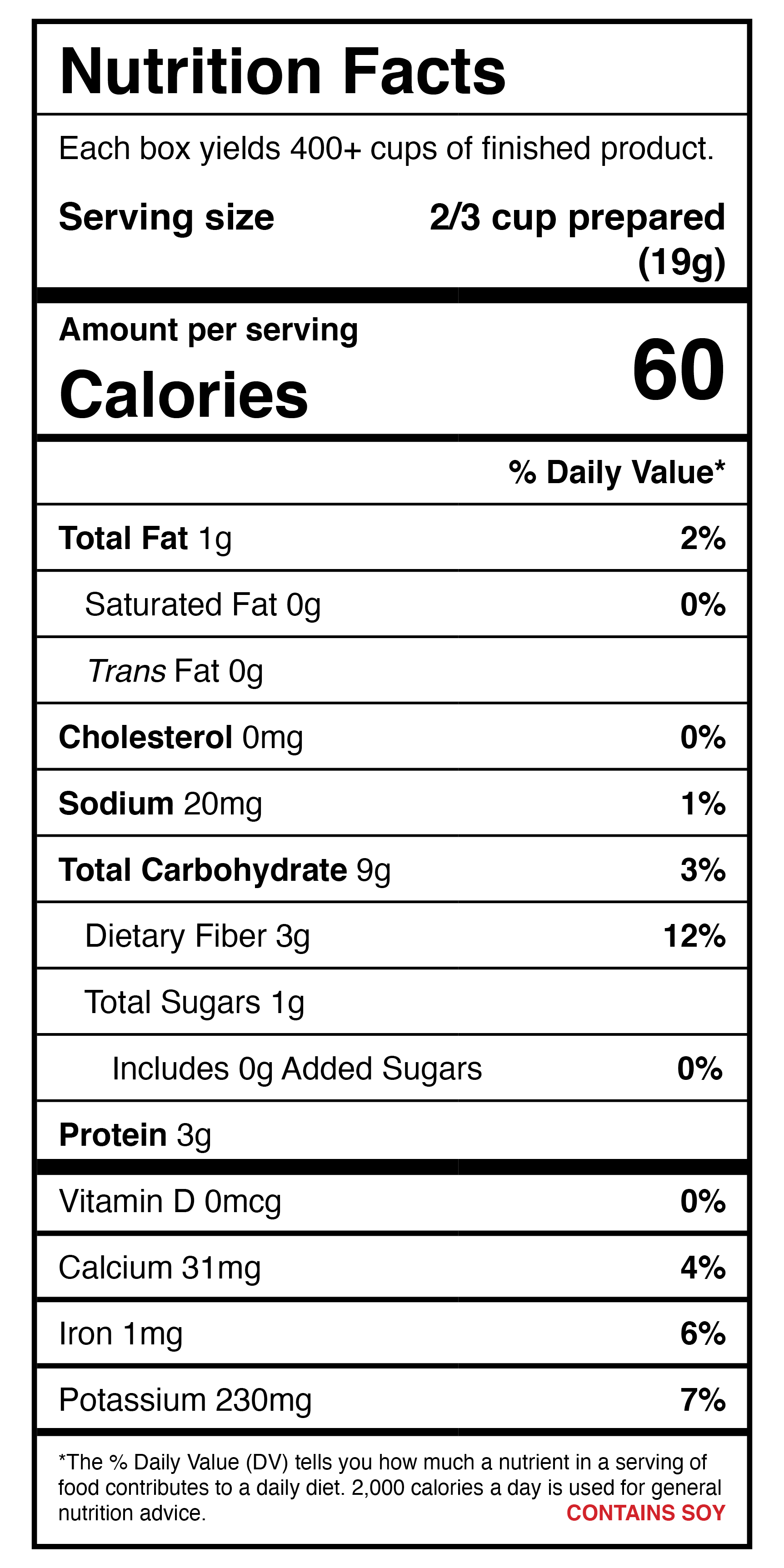 A nutrition label showing the nutrition facts of a Harmony House Navy Bean Soup Mix.