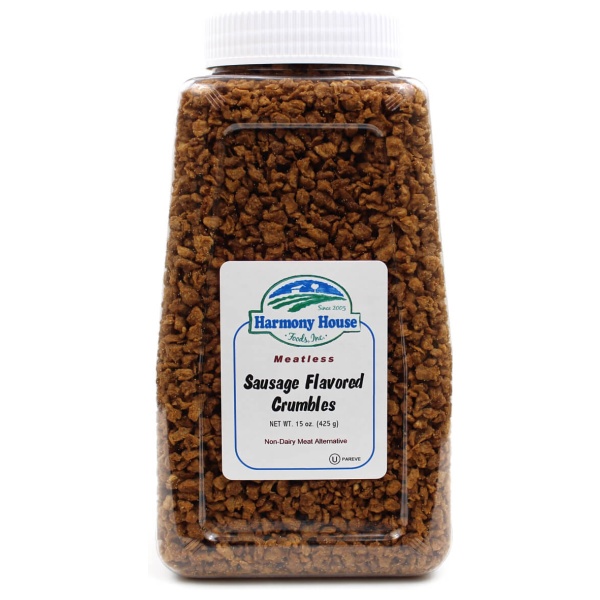 Harmony House Sausage Flavored Crumbles jar on a white background.