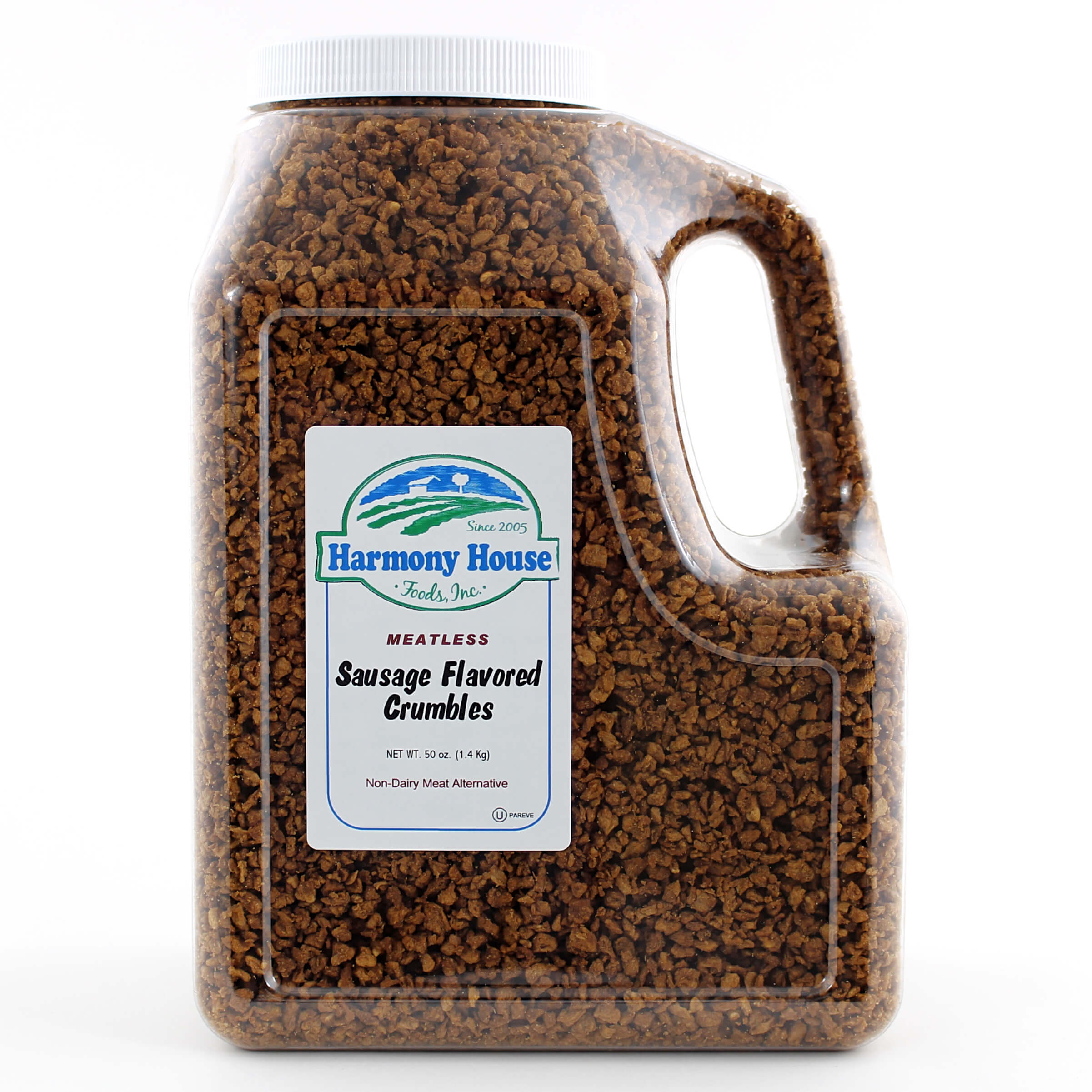 A jug of Harmony House Sausage Flavored Crumbles on a white background.