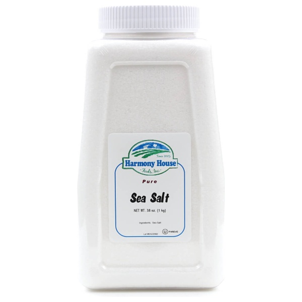 A jar of sea salt for emergency food storage on a white background.