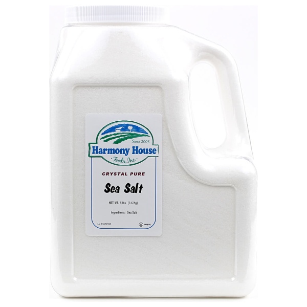 A gallon of emergency food storage sea salt on a white background.