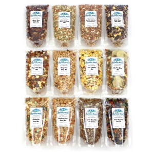 Assorted nuts and seeds in plastic bags.