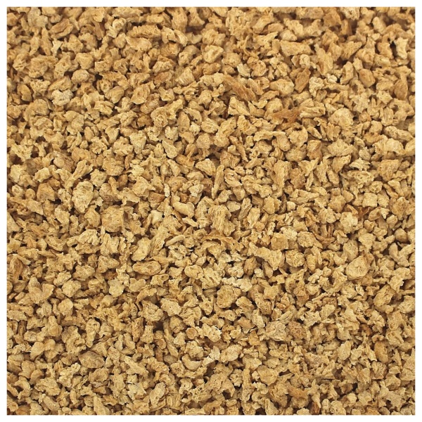 A close up image of a brown textured surface featuring Harmony House Textured Soy Protein.