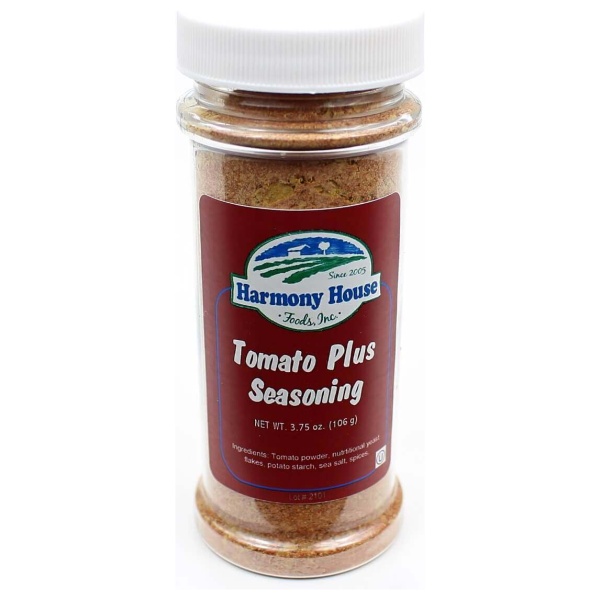 A jar of tomato pie seasoning for emergency food storage purposes on a white background.