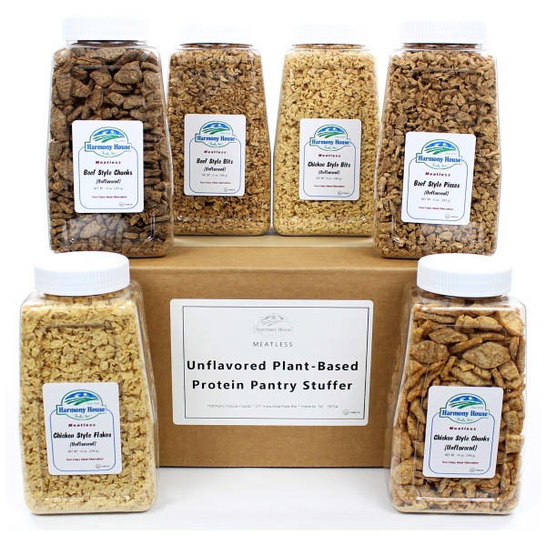 Six jars of unsweetened granola, granola bars, (Quart Size) Harmony House Unflavored Plant-Based Protein Pantry Stuffer.