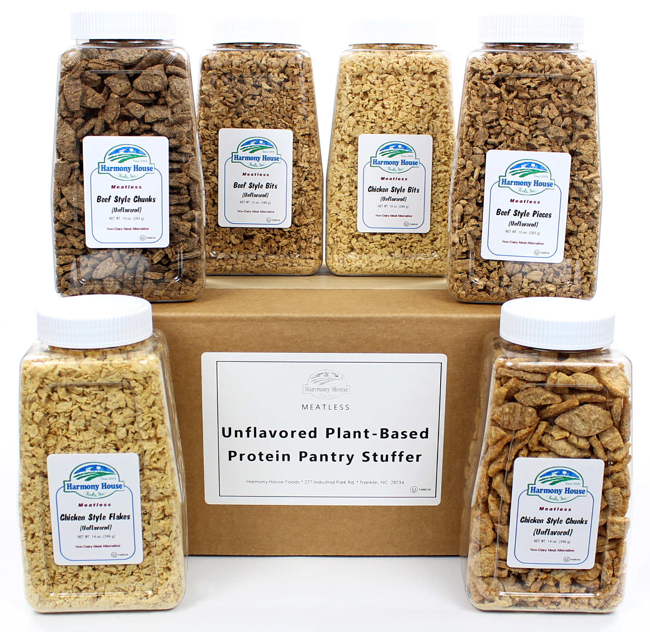 Six jars of unsweetened granola, granola bars, (Quart Size) Harmony House Unflavored Plant-Based Protein Pantry Stuffer.
