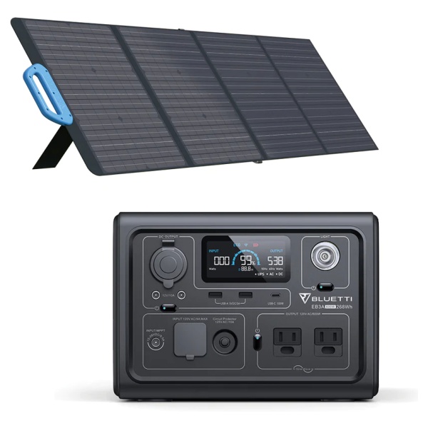 A solar panel and a power supply on a white background for emergency food storage.