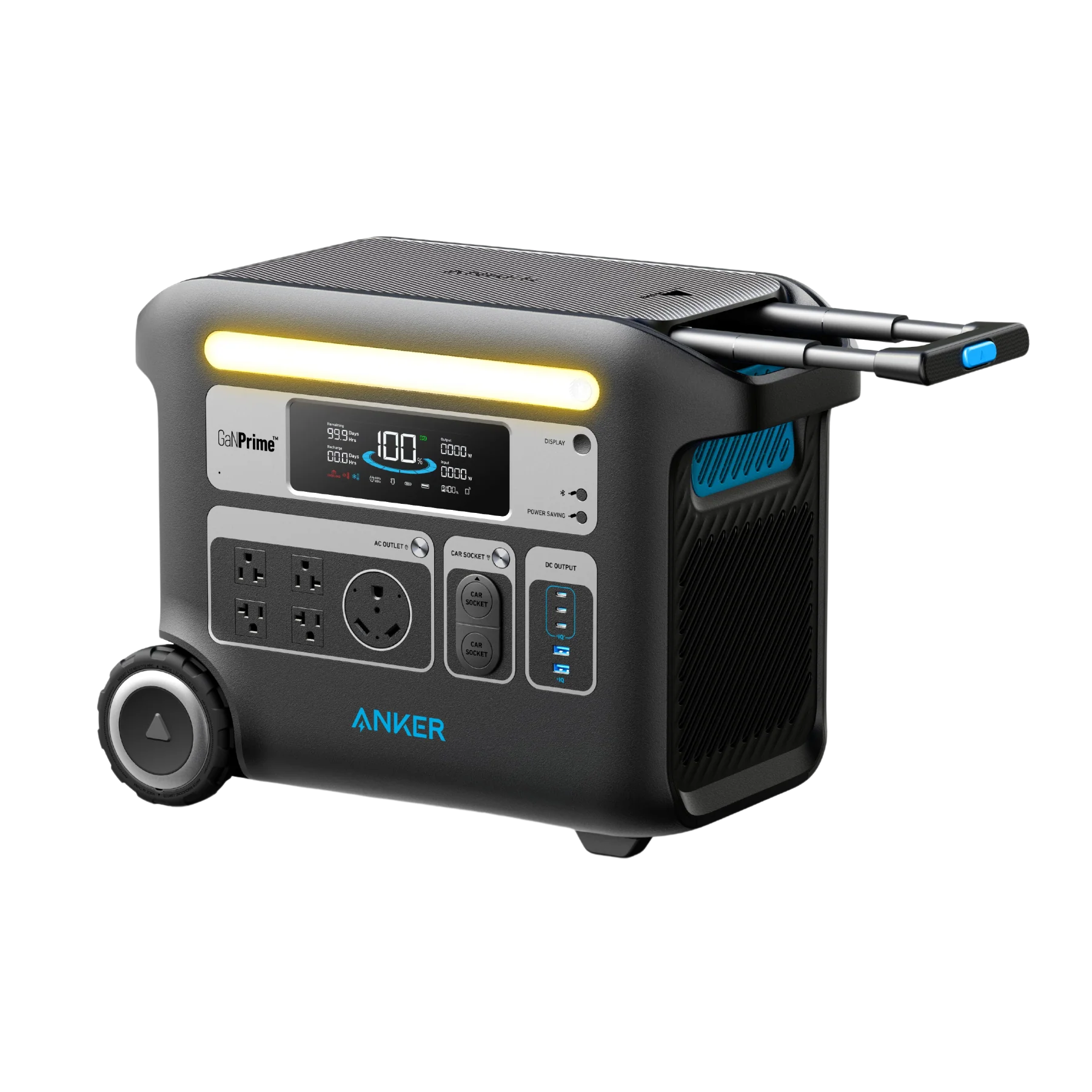 A portable power station with a light on it for emergency food storage.