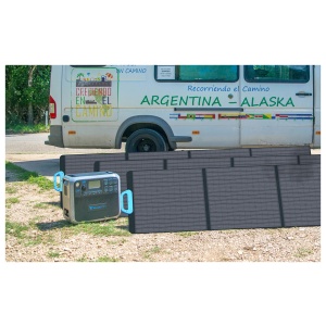 A van with emergency food storage and solar panels in front of it.