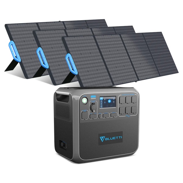 There are four solar panels and a charger on top of a white background, perfect for emergency food storage.