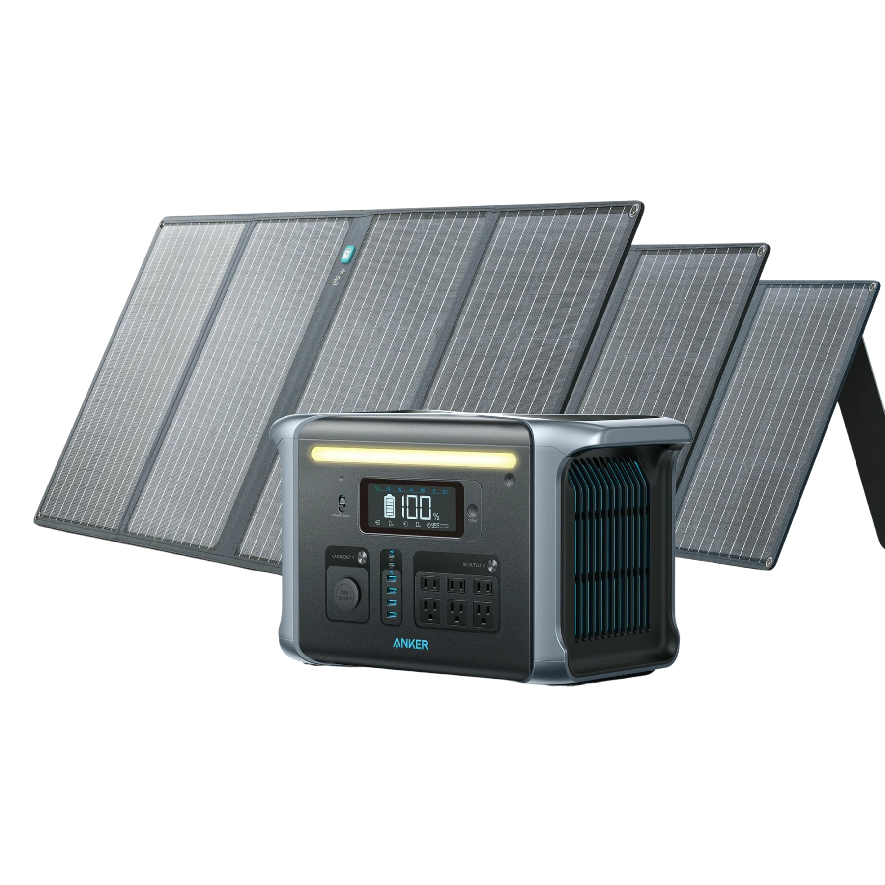 A solar panel with a clock and a radio is essential for emergency food storage.
