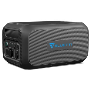 A portable speaker with an blue logo on it.