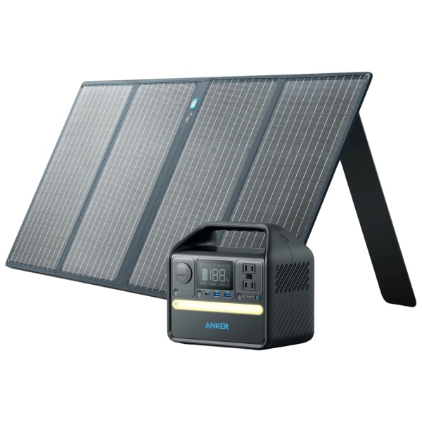 A solar panel with a battery and charger for emergency food storage.