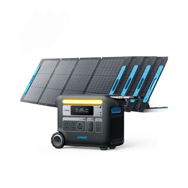 A portable solar power system with a battery and charger for emergency food storage.