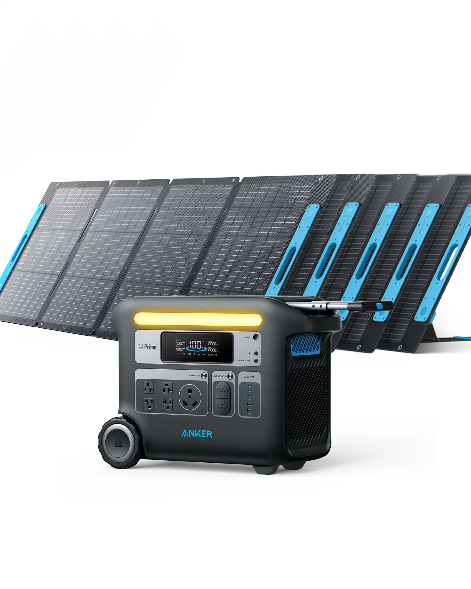 A portable solar power system with a battery and charger for emergency food storage.