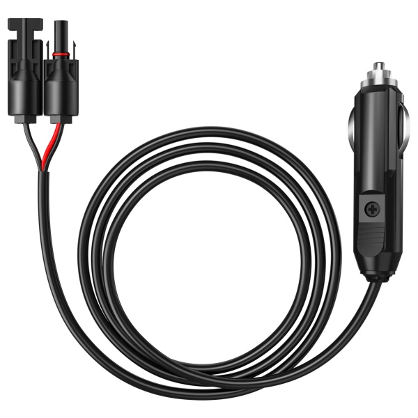 A black car charger with a red and black cord, perfect for emergency situations.