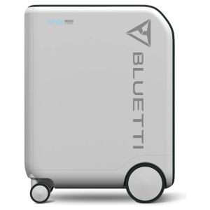 A small white suitcase labeled "bluetti" for emergency food storage.